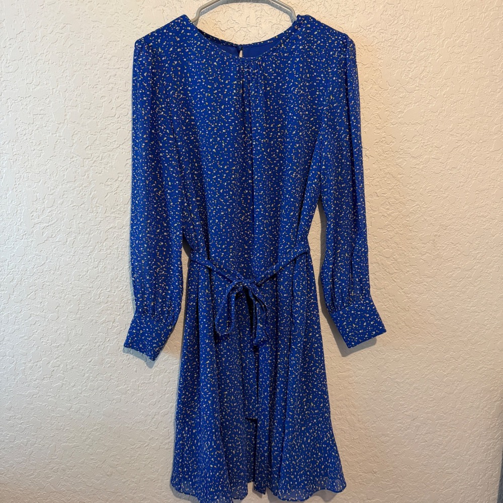 Hobbs London Blue Confetti Dot Long Sleeve Belted Mini Dress US 8 Preppy Mod